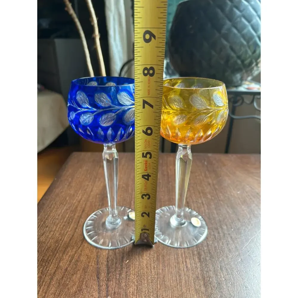 German Crystal Stemware golden yellow & blue Wine Glasses - Set of 2